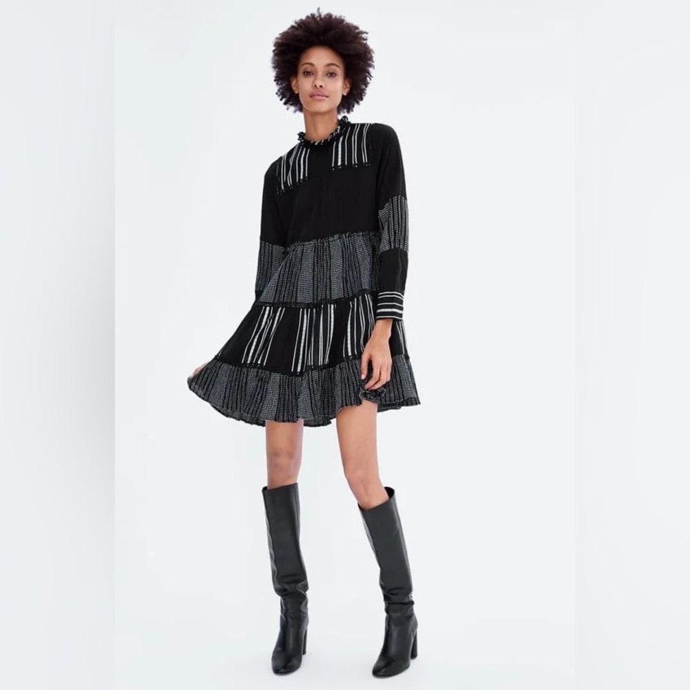 Zara Black and White Embroidered Women's Dress